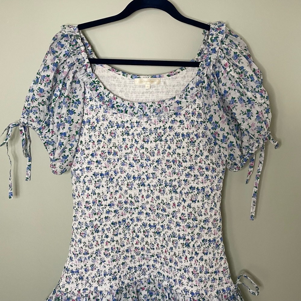 LOVESHACKFANCY Violet Smocked Floral Dress in Blue Jay. Large. - Picture 4 of 11